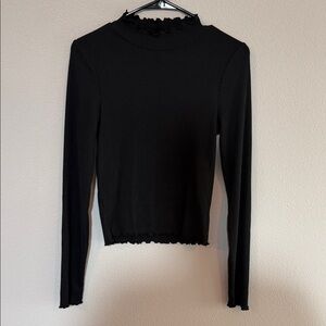 American Eagle Outfitters Black Ribbed Long Sleeve Top with Ruffle Trim